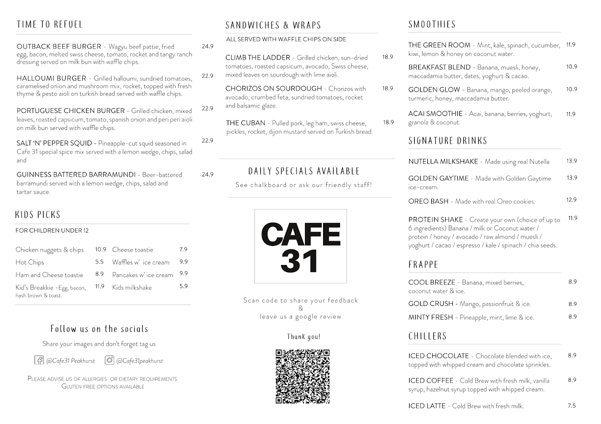 Menu, Café 31