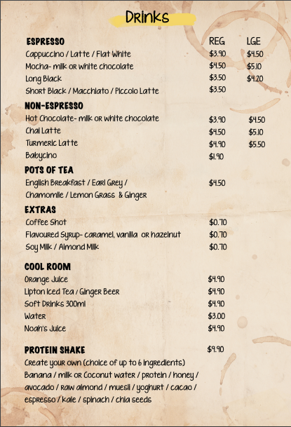 Menu, Café 31
