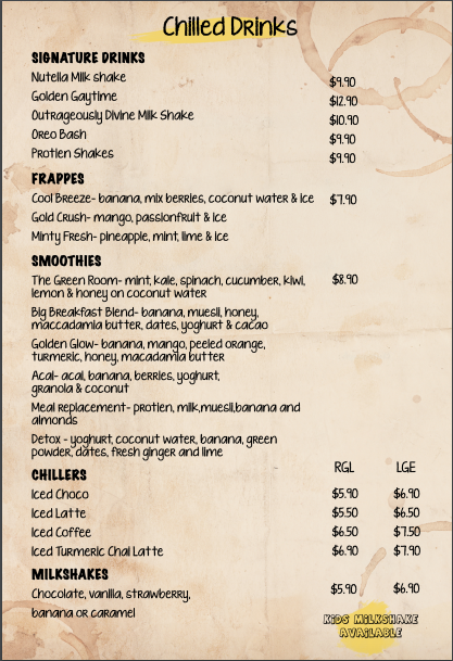 Menu, Café 31