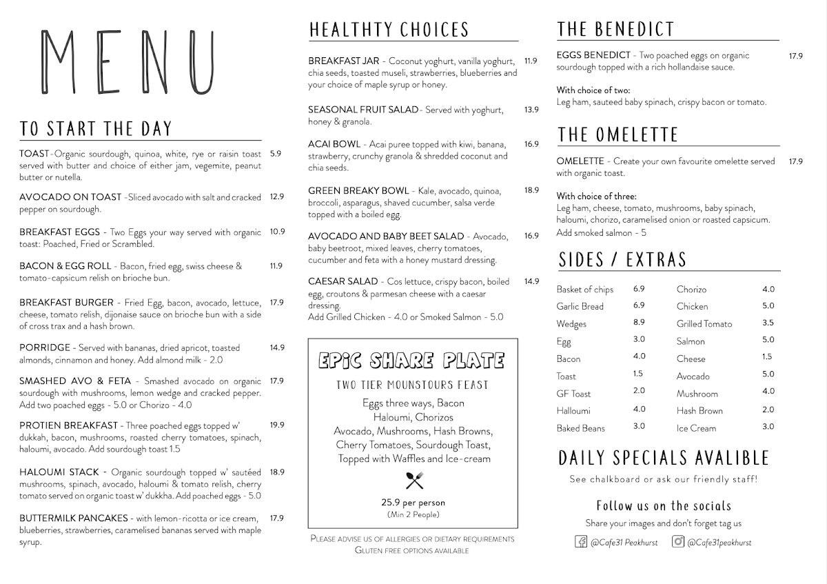 Menu, Café 31