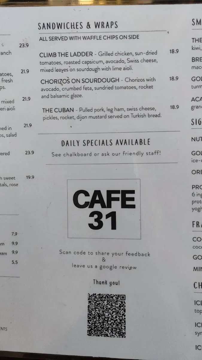 Menu, Café 31