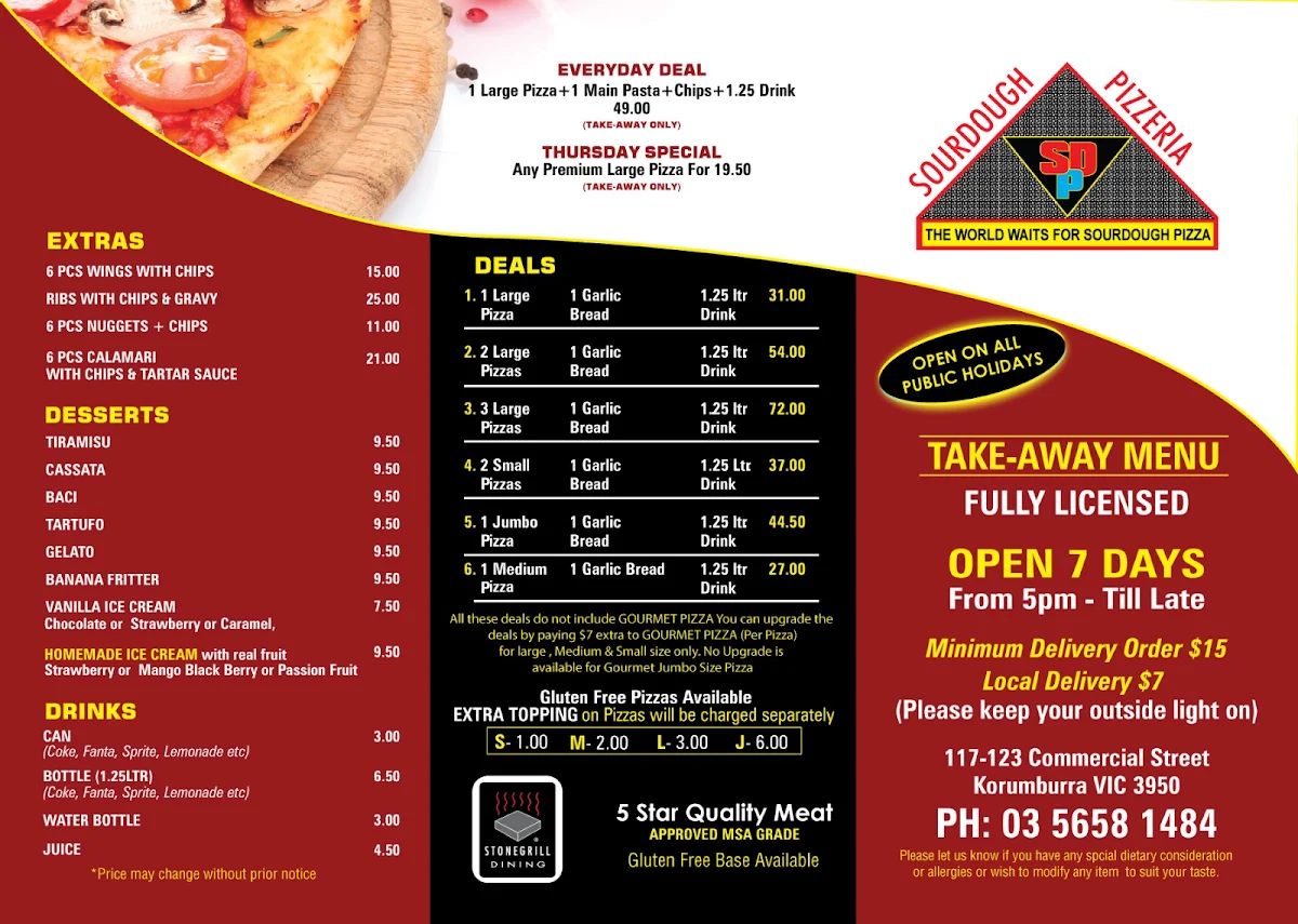 Menu, Sourdough Pizzeria & Stonegrill Dining.