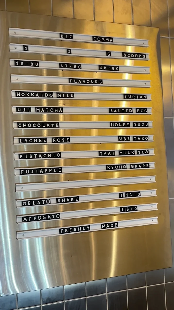 Menu, Big Comma Gelato & Coffee