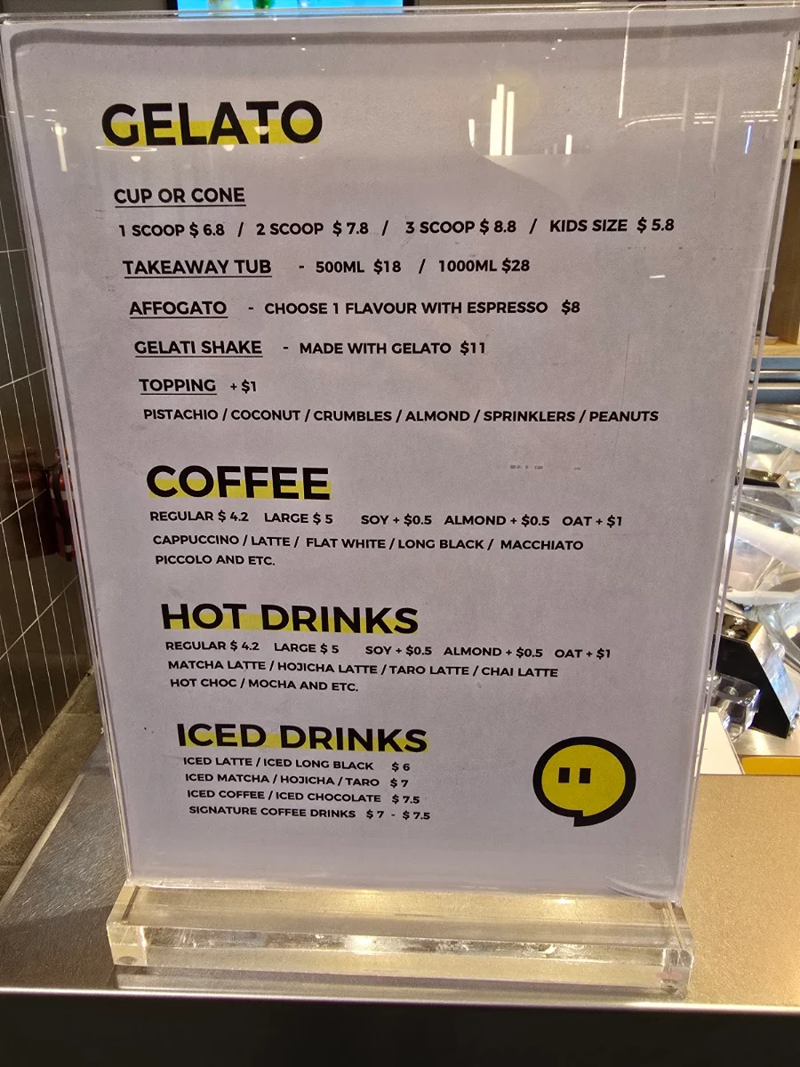 Menu, Big Comma Gelato & Coffee