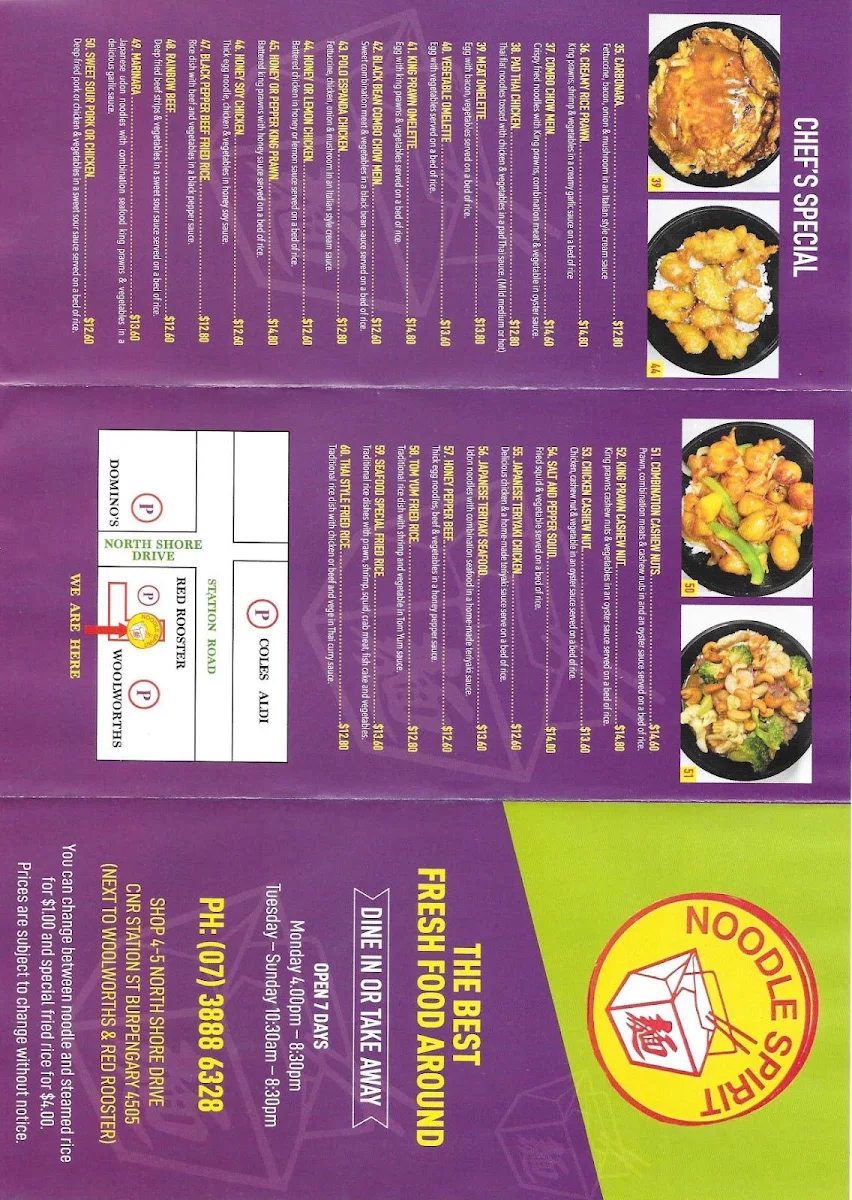 Menu, Noodle Spirit