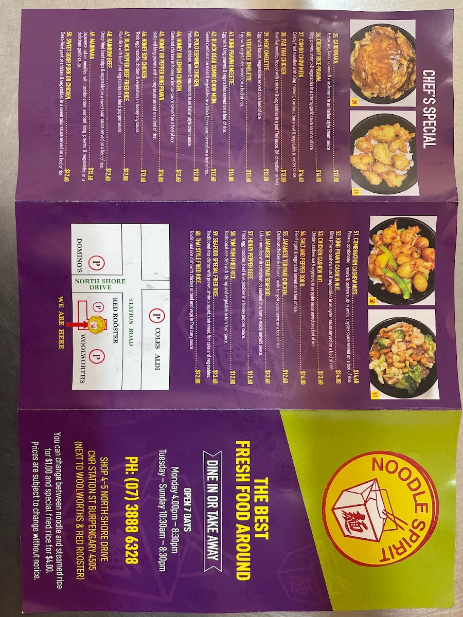 Menu, Noodle Spirit