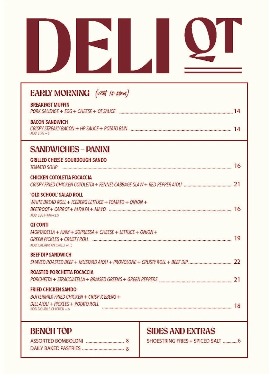 Menu, Deli QT