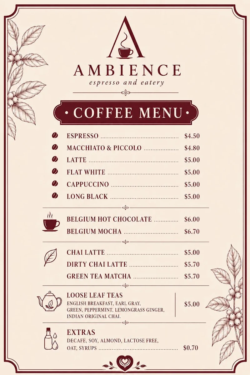 Menu, Ambience Espresso and Eatery