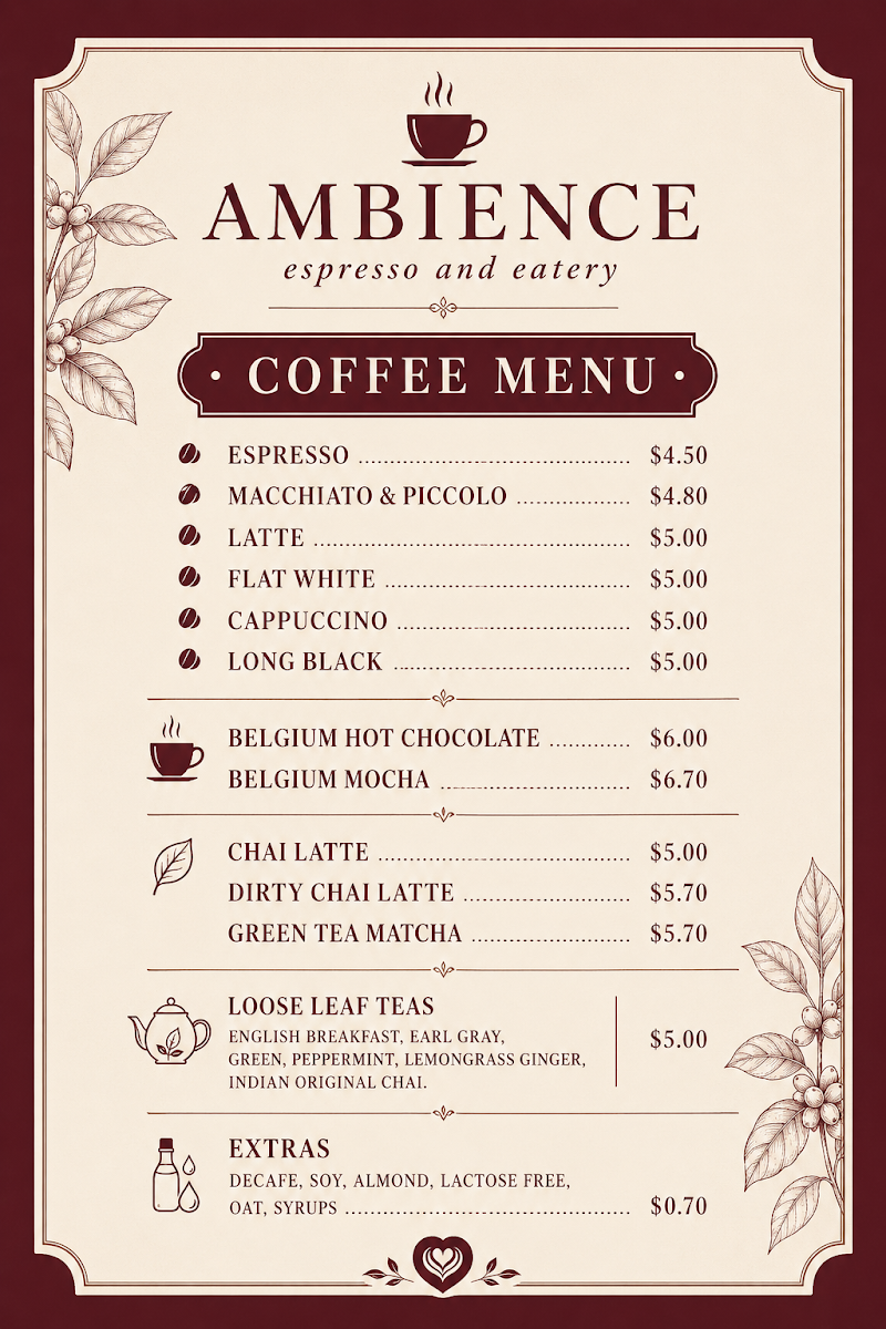 Menu, Ambience Espresso and Eatery