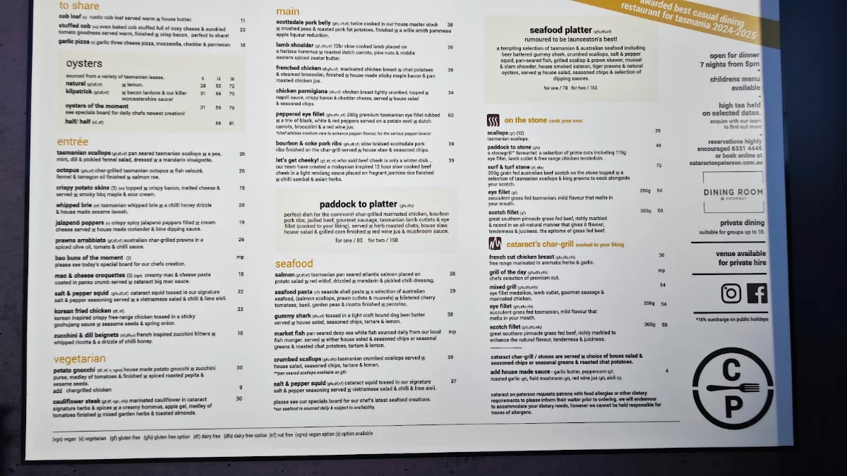 Menu, Cataract on Paterson
