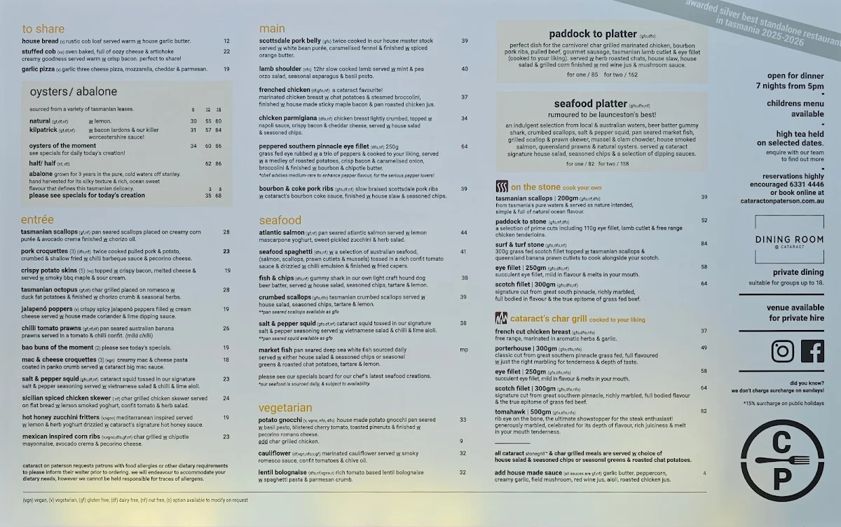 Menu, Cataract on Paterson