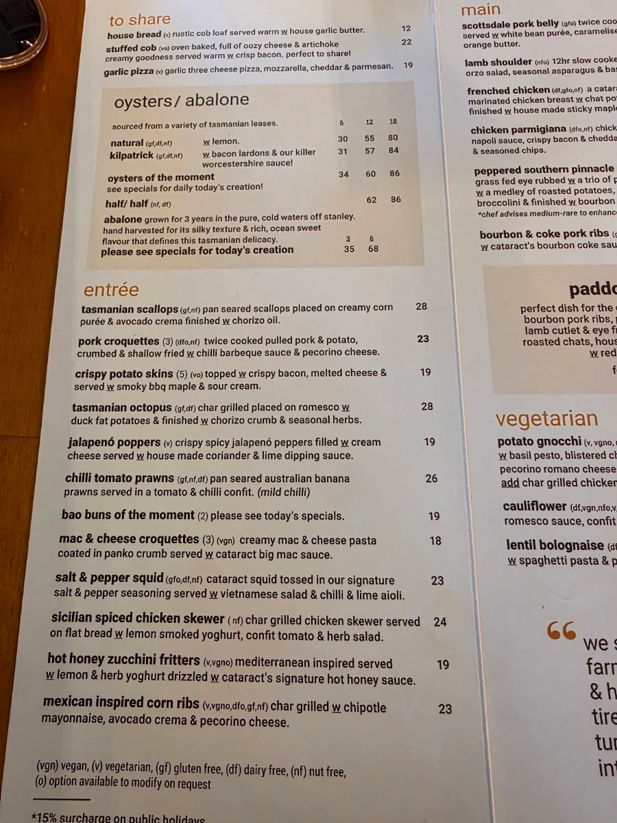 Menu, Cataract on Paterson
