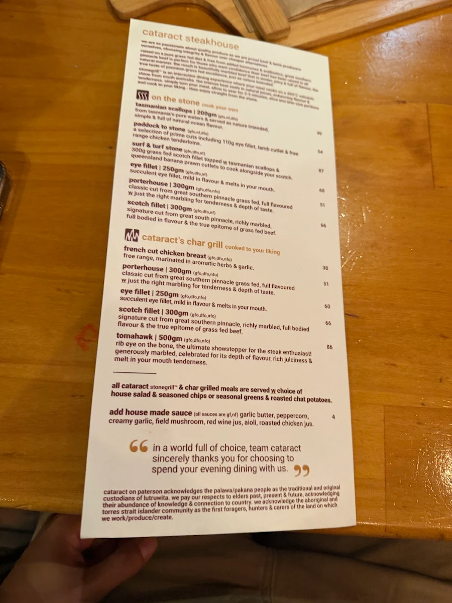 Menu, Cataract on Paterson