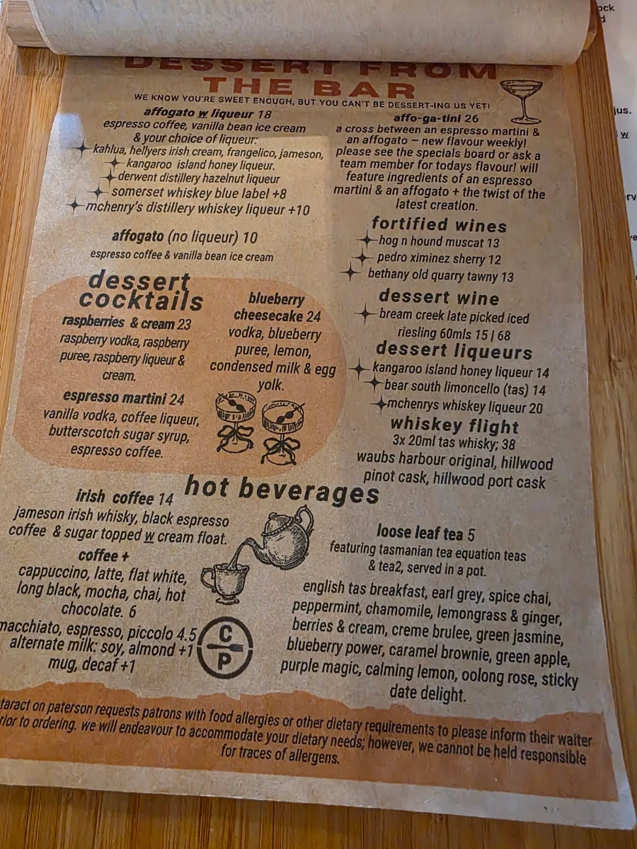Menu, Cataract on Paterson