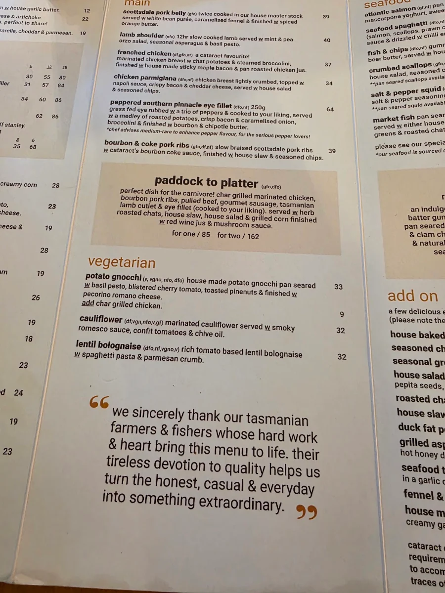 Menu, Cataract on Paterson