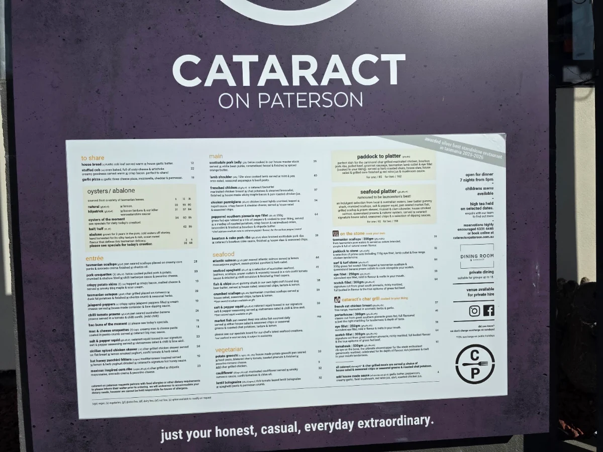 Menu, Cataract on Paterson