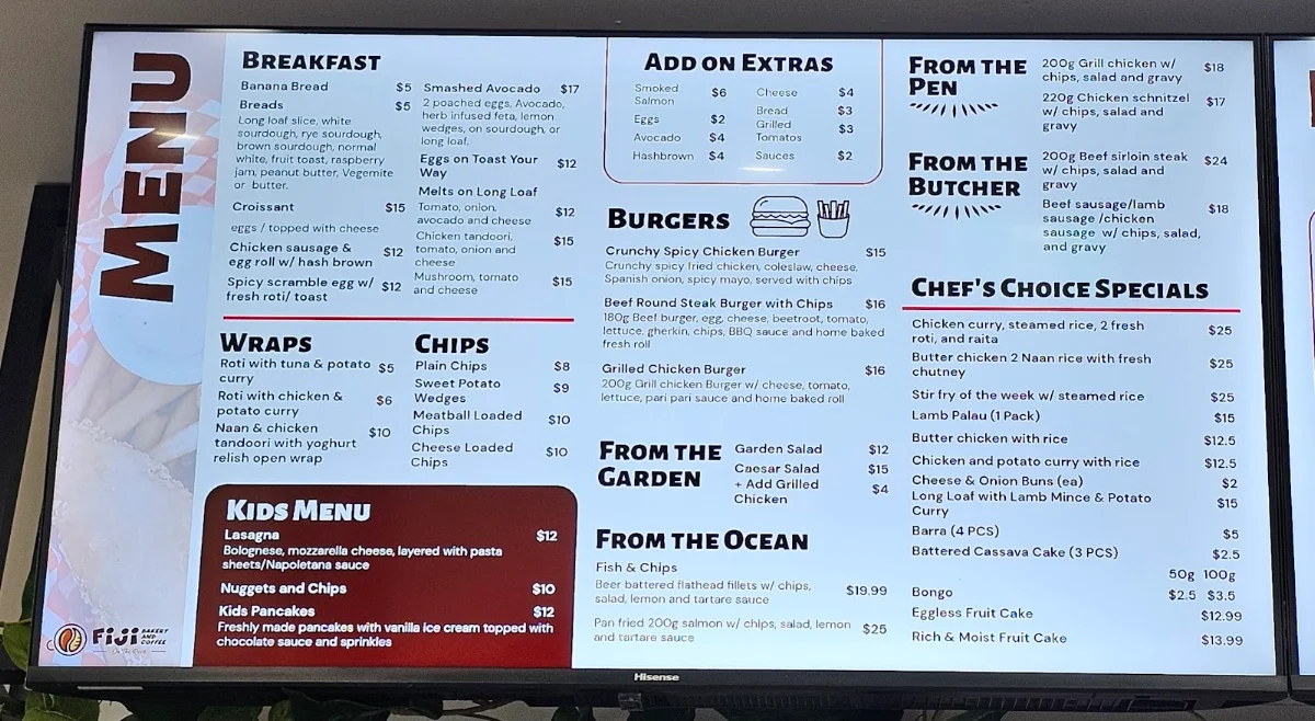 Menu, Fiji bakery & coffee on the rocks