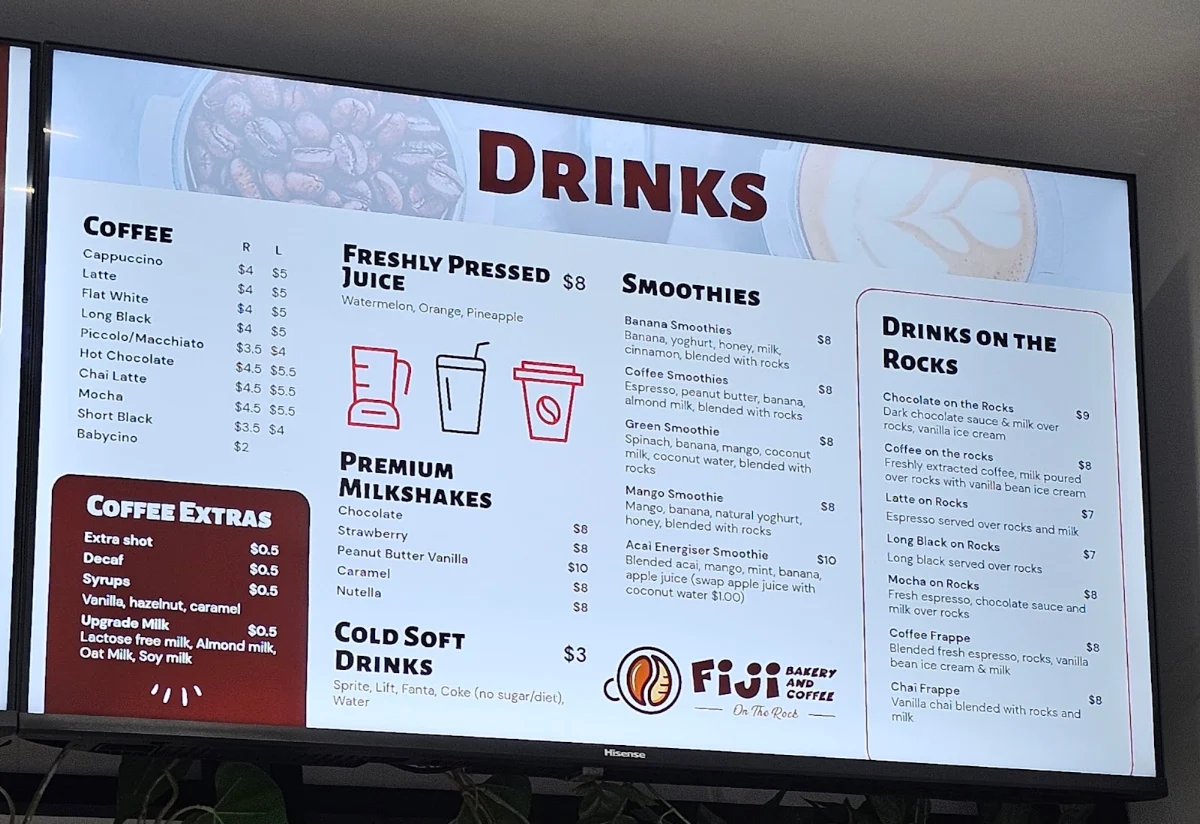 Menu, Fiji bakery & coffee on the rocks
