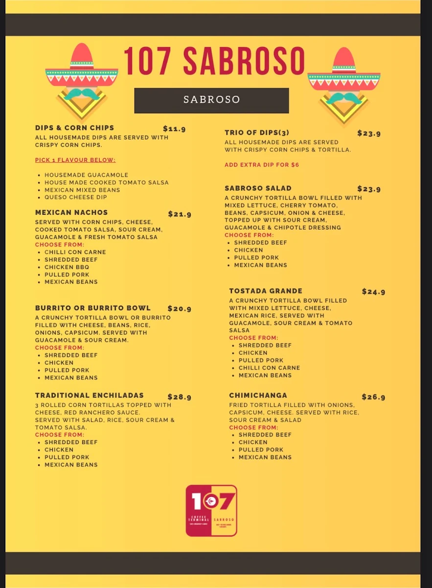 Menu, 107 Coffee Terminal / Sabroso Capalaba