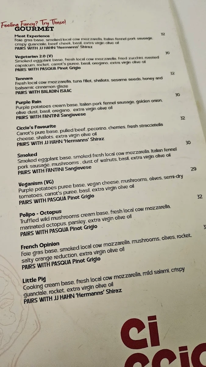 Menu, Ciccio's Pizza & Gelato