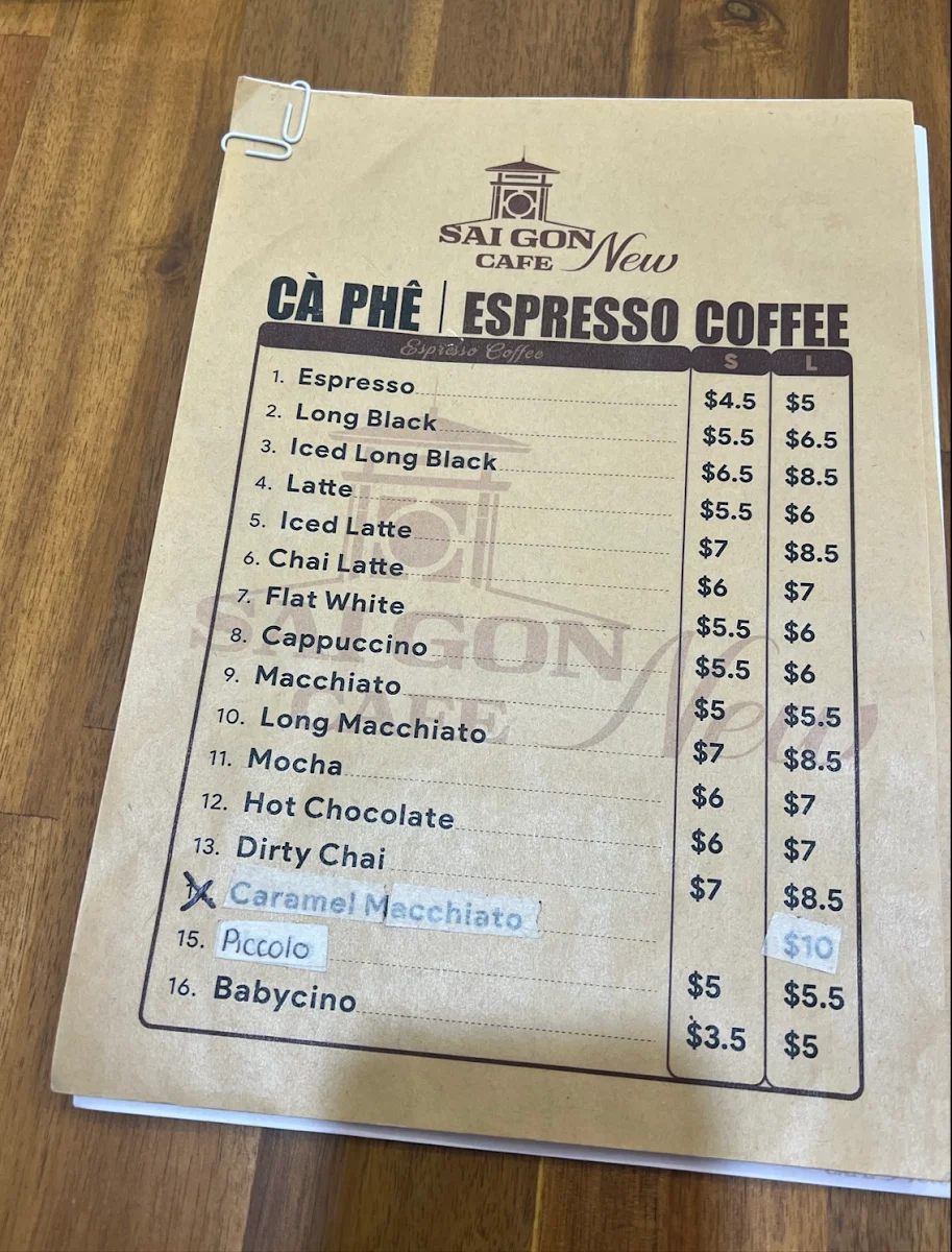Menu, Saigon cafe New