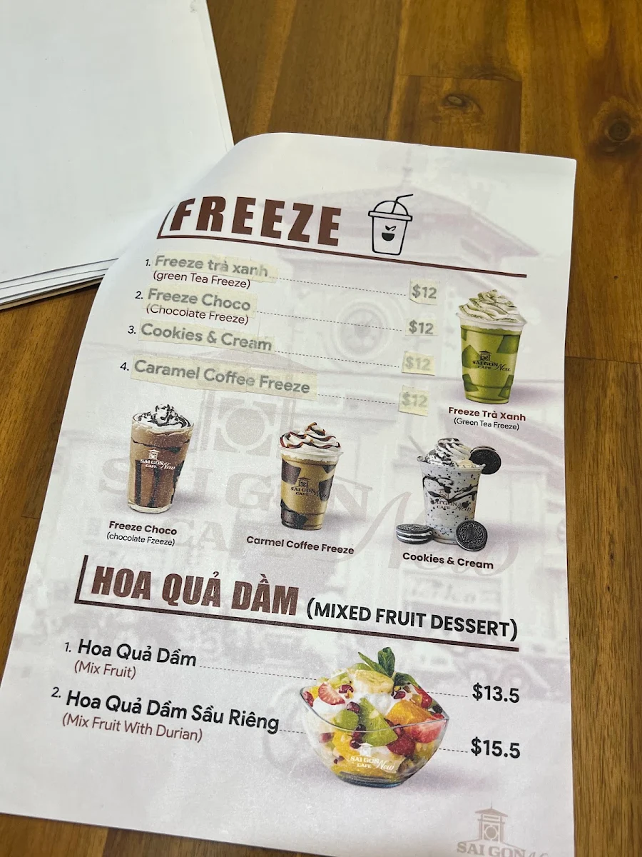 Menu, Saigon cafe New