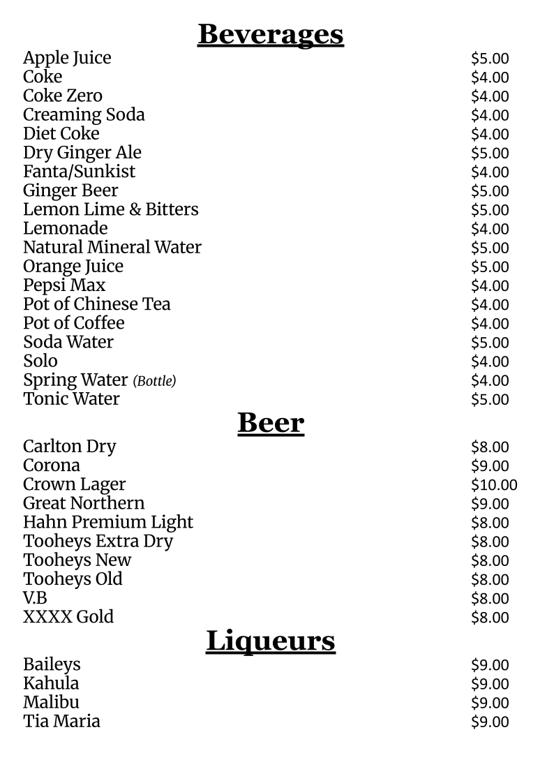 Menu, Hong Loch Chinese Restaurant