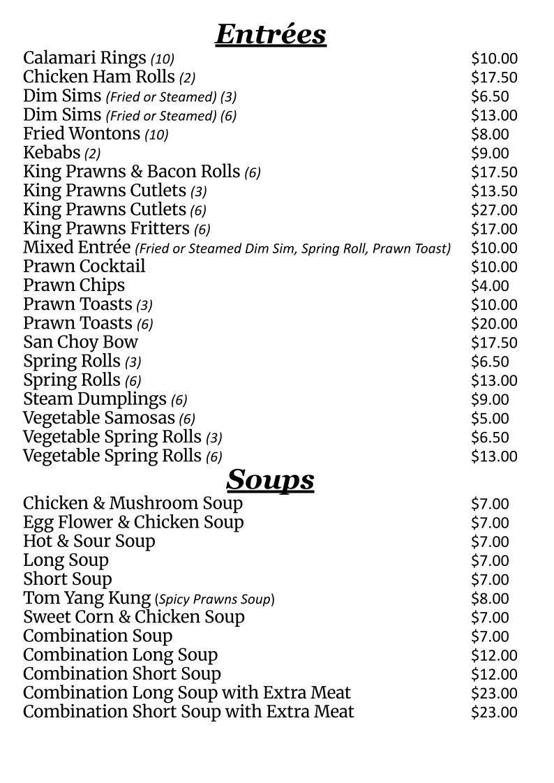 Menu, Hong Loch Chinese Restaurant