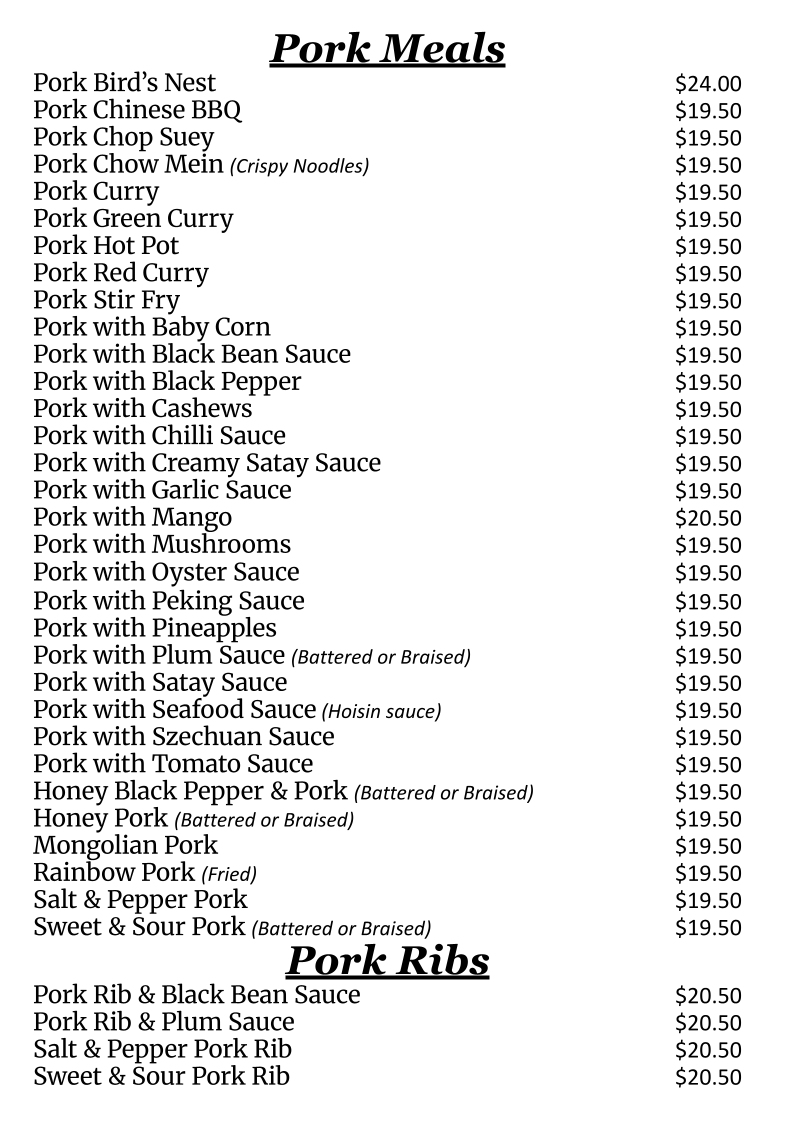 Menu, Hong Loch Chinese Restaurant
