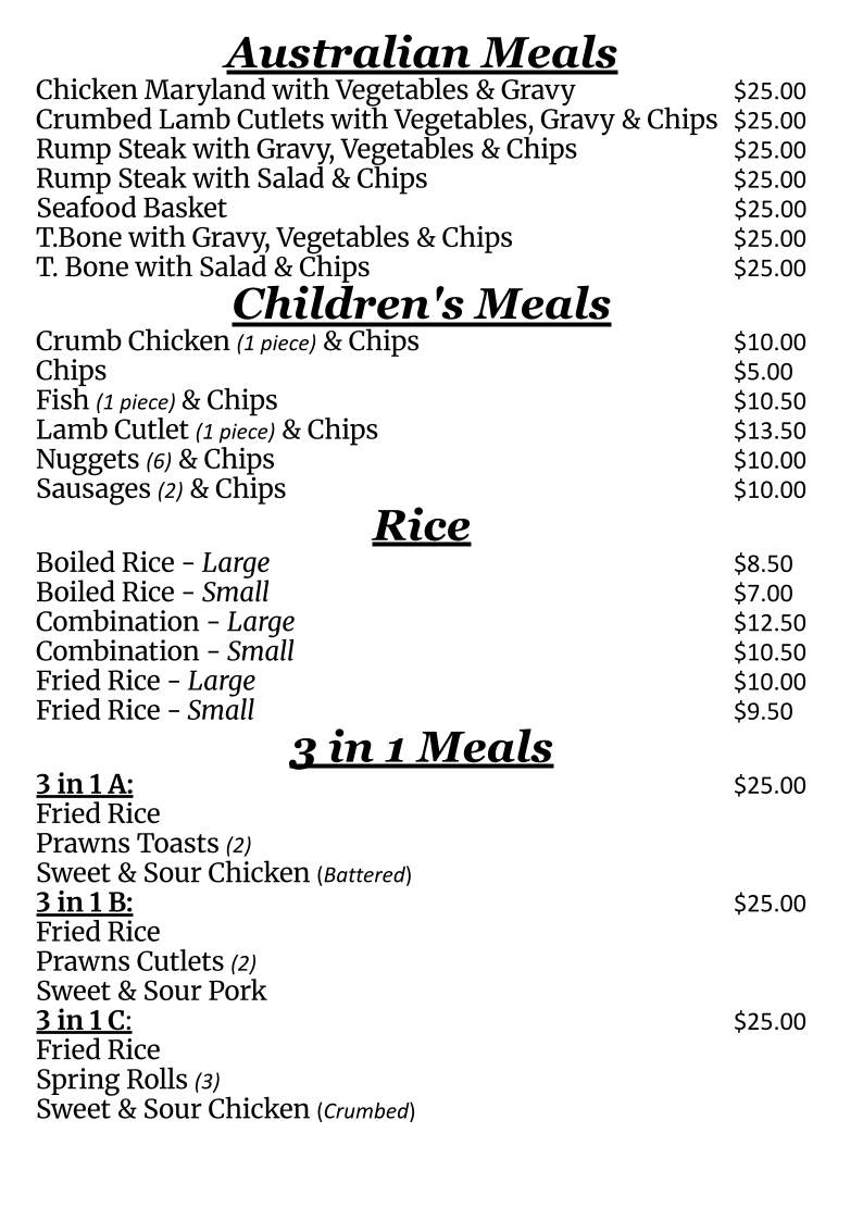 Menu, Hong Loch Chinese Restaurant