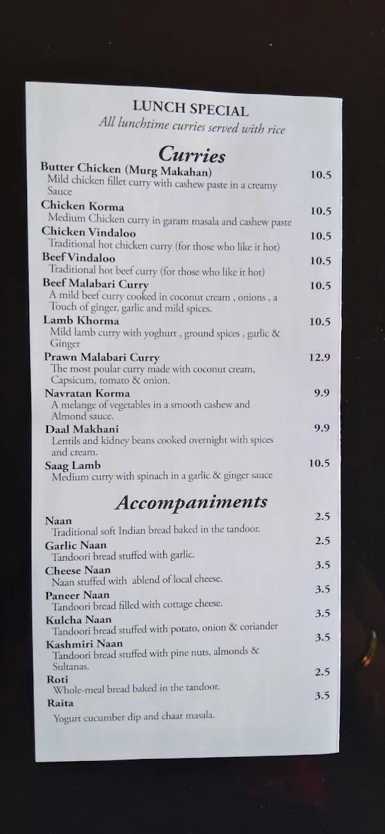 Menu, Laxmi's Tandoori Indian Restaurant