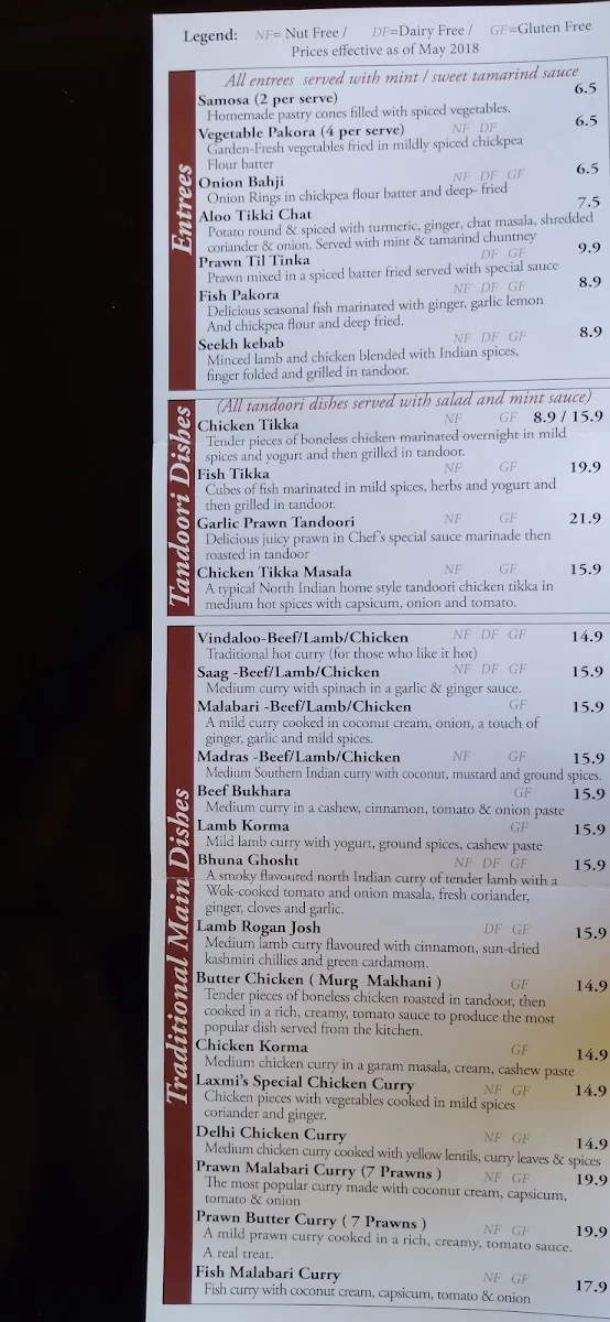 Menu, Laxmi's Tandoori Indian Restaurant