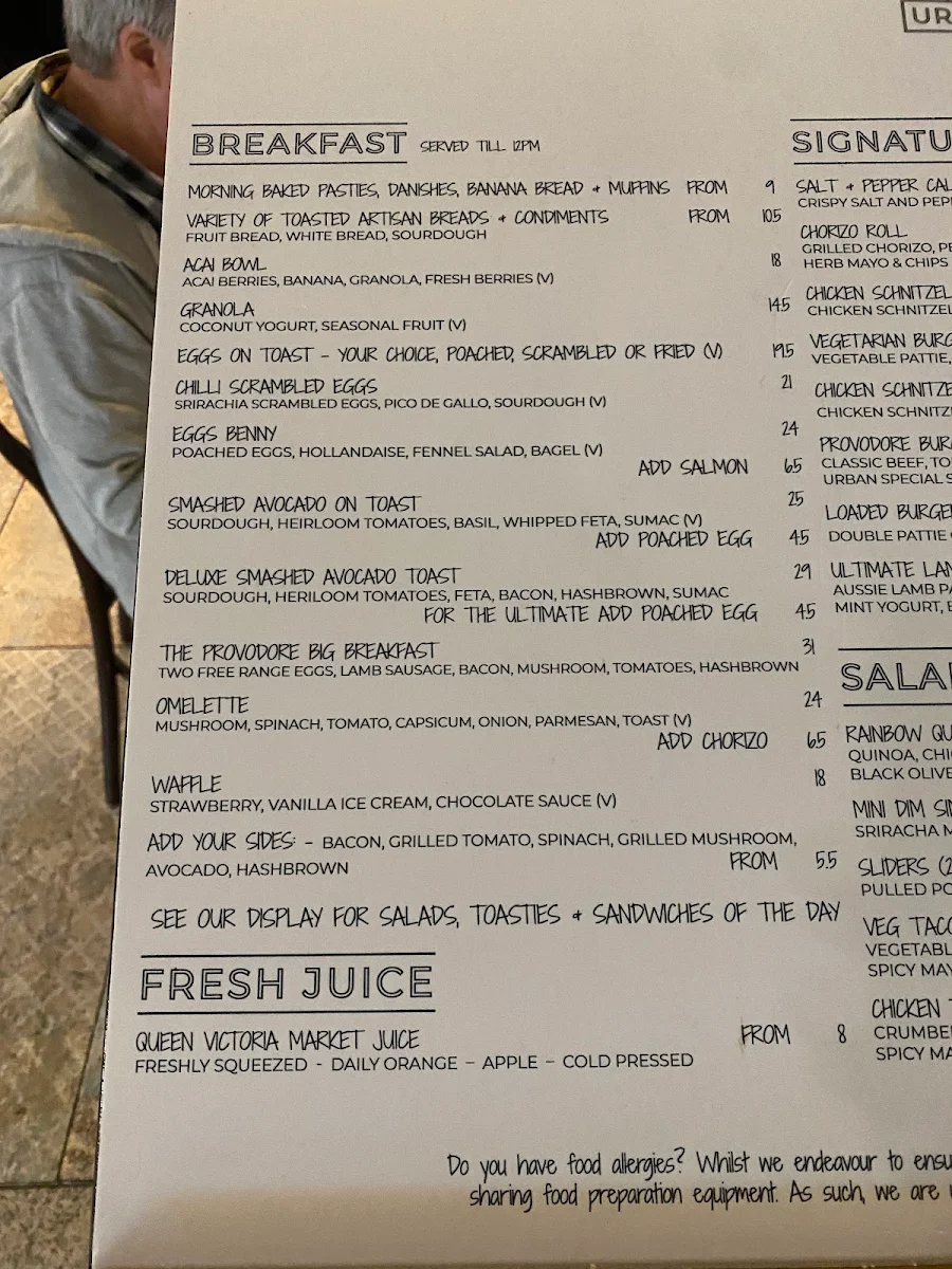 Menu, Urban Provodore