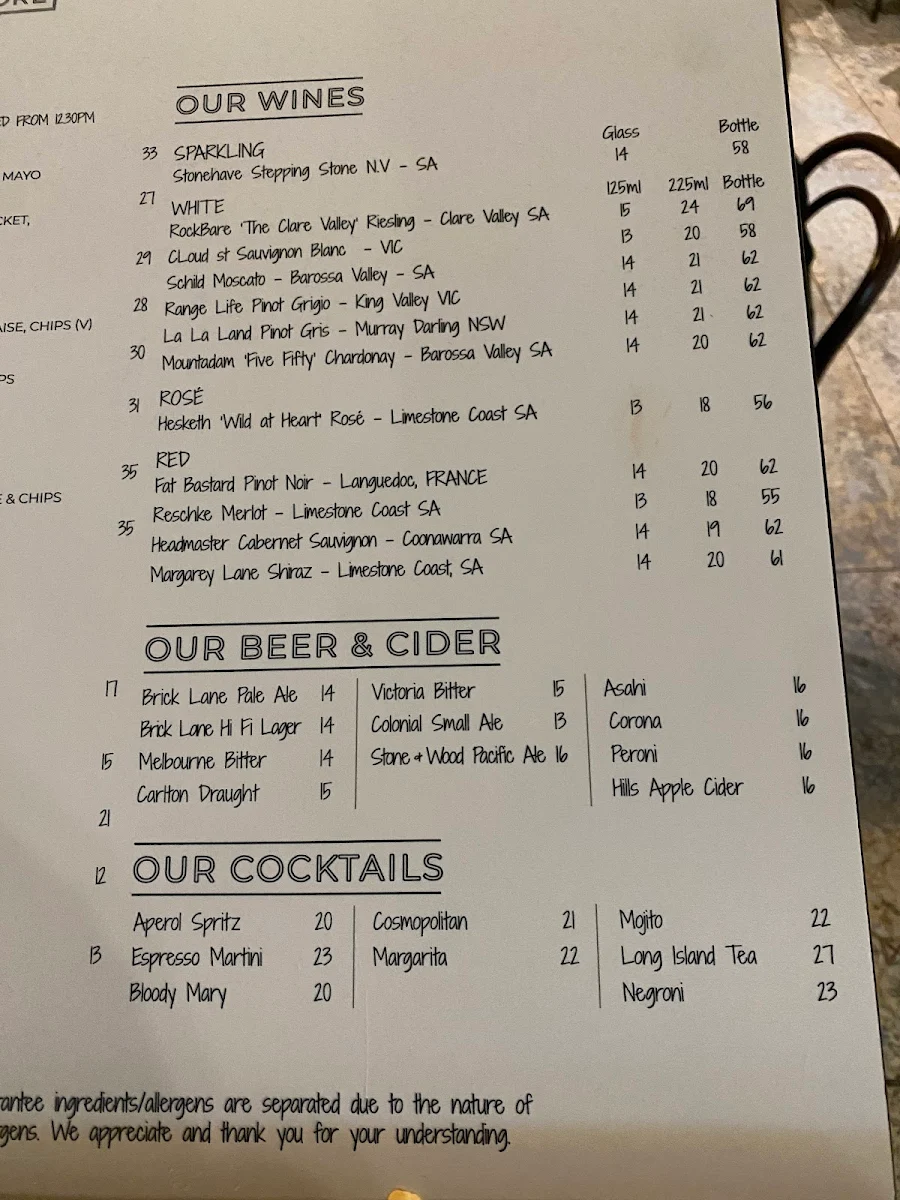 Menu, Urban Provodore