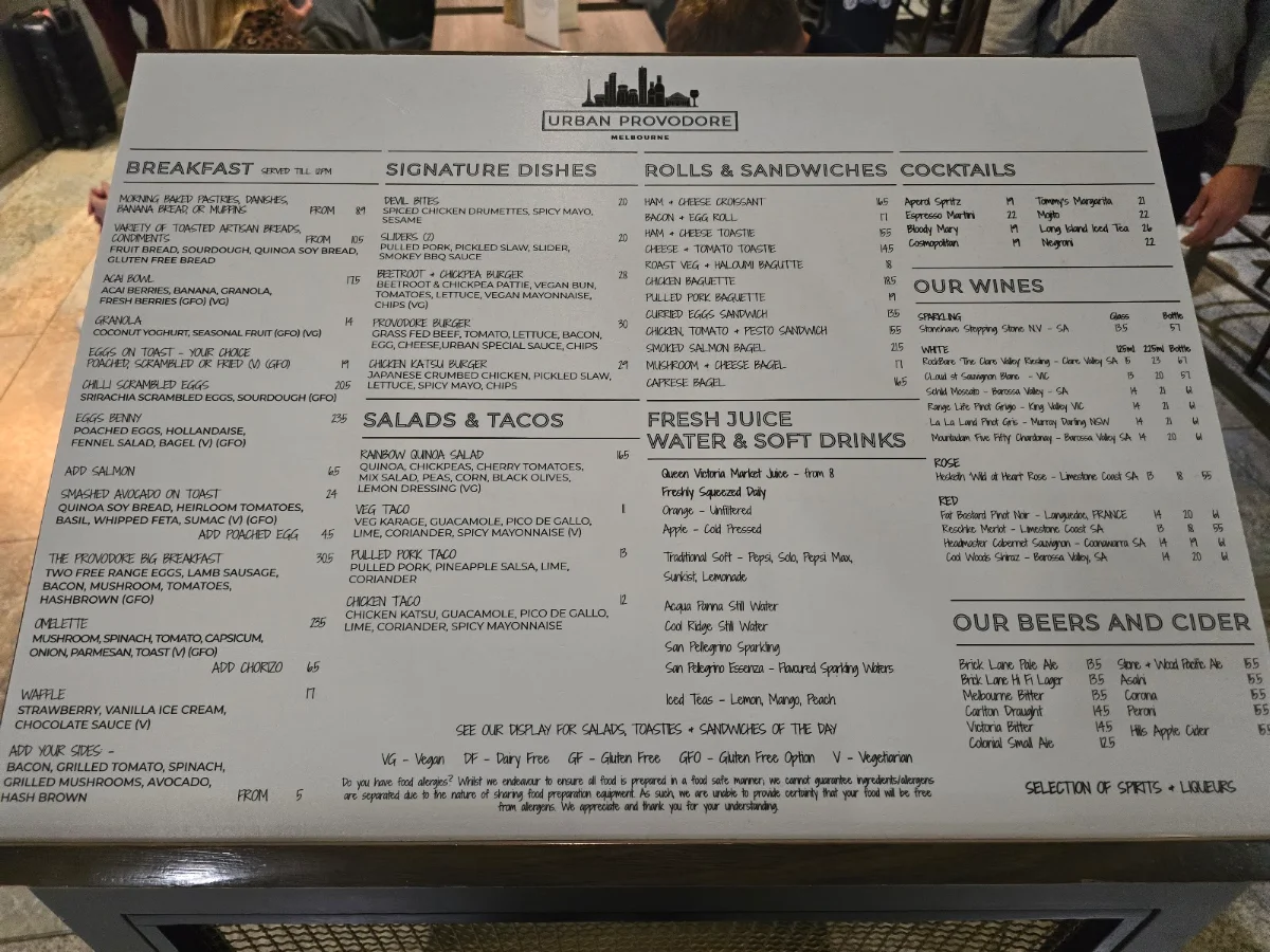 Menu, Urban Provodore