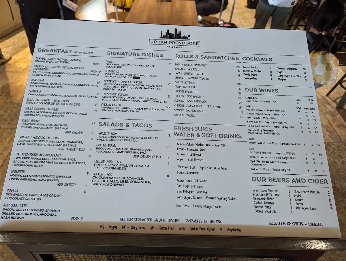Menu, Urban Provodore