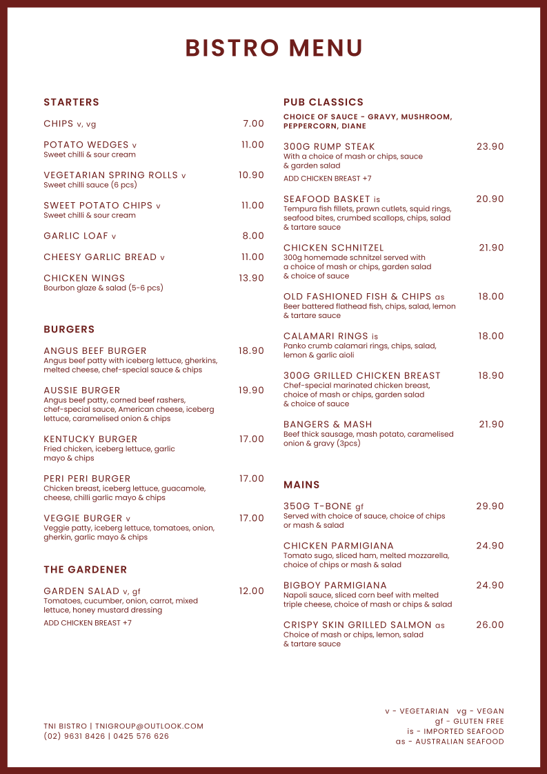 Menu, Wentworthville Hotel