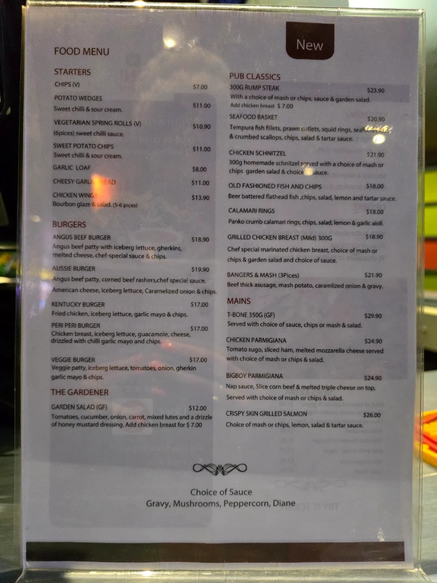 Menu, Wentworthville Hotel