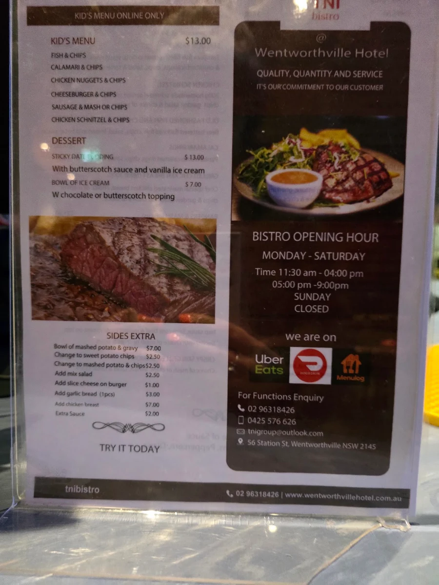 Menu, Wentworthville Hotel
