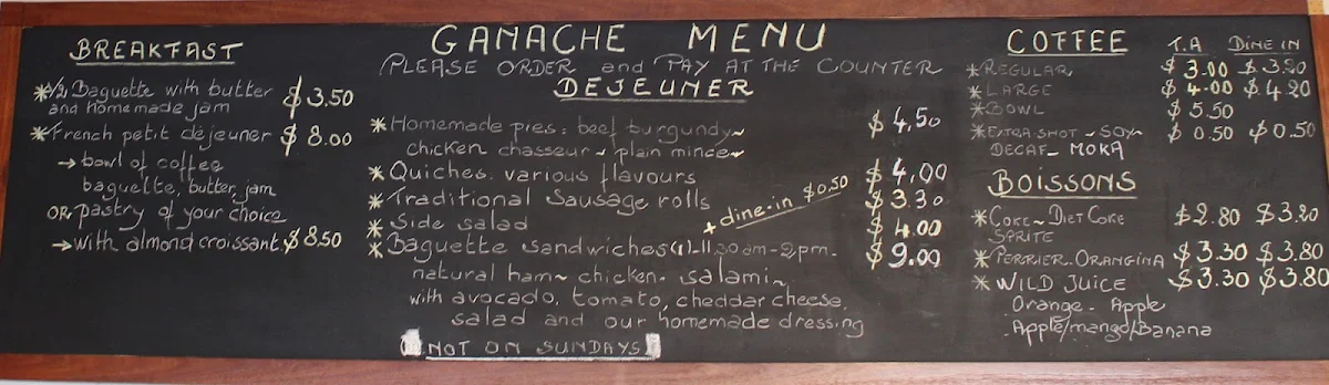 Menu, Ganache Patisserie Francaise