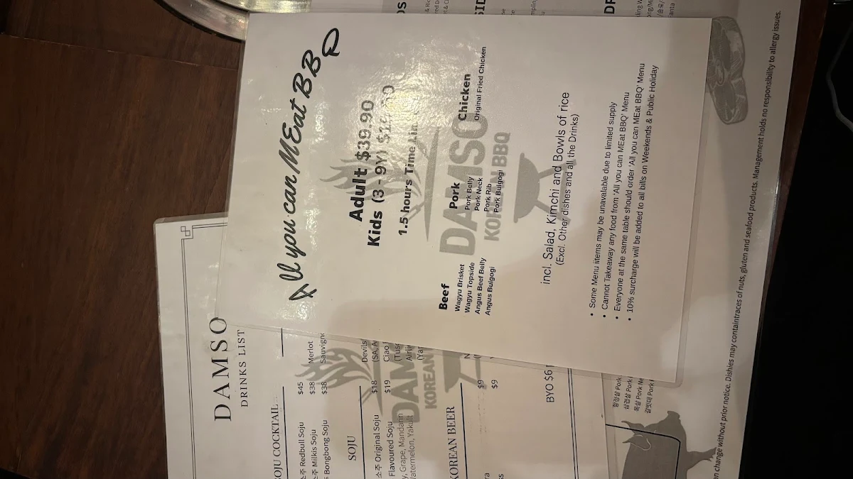Menu, DAMSO Korean BBQ