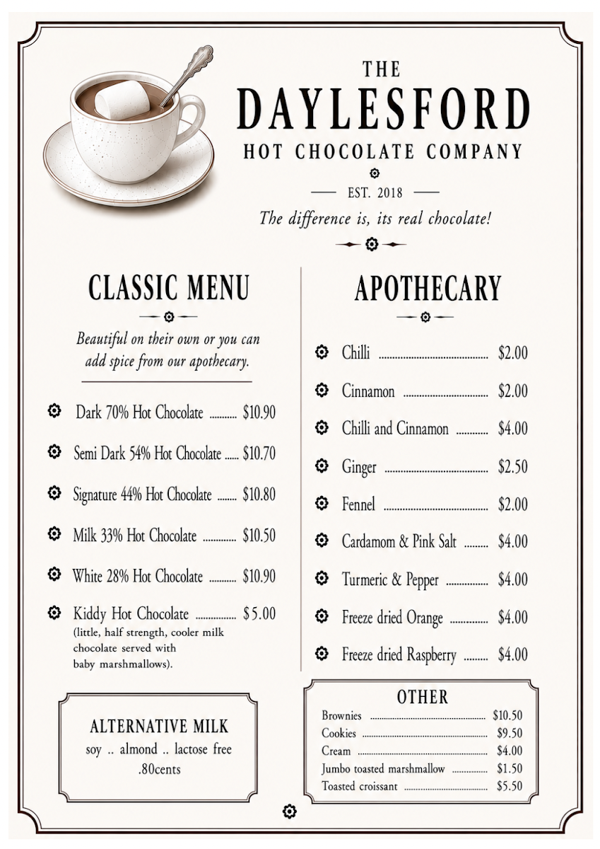 Menu, The Daylesford Hot Chocolate Company