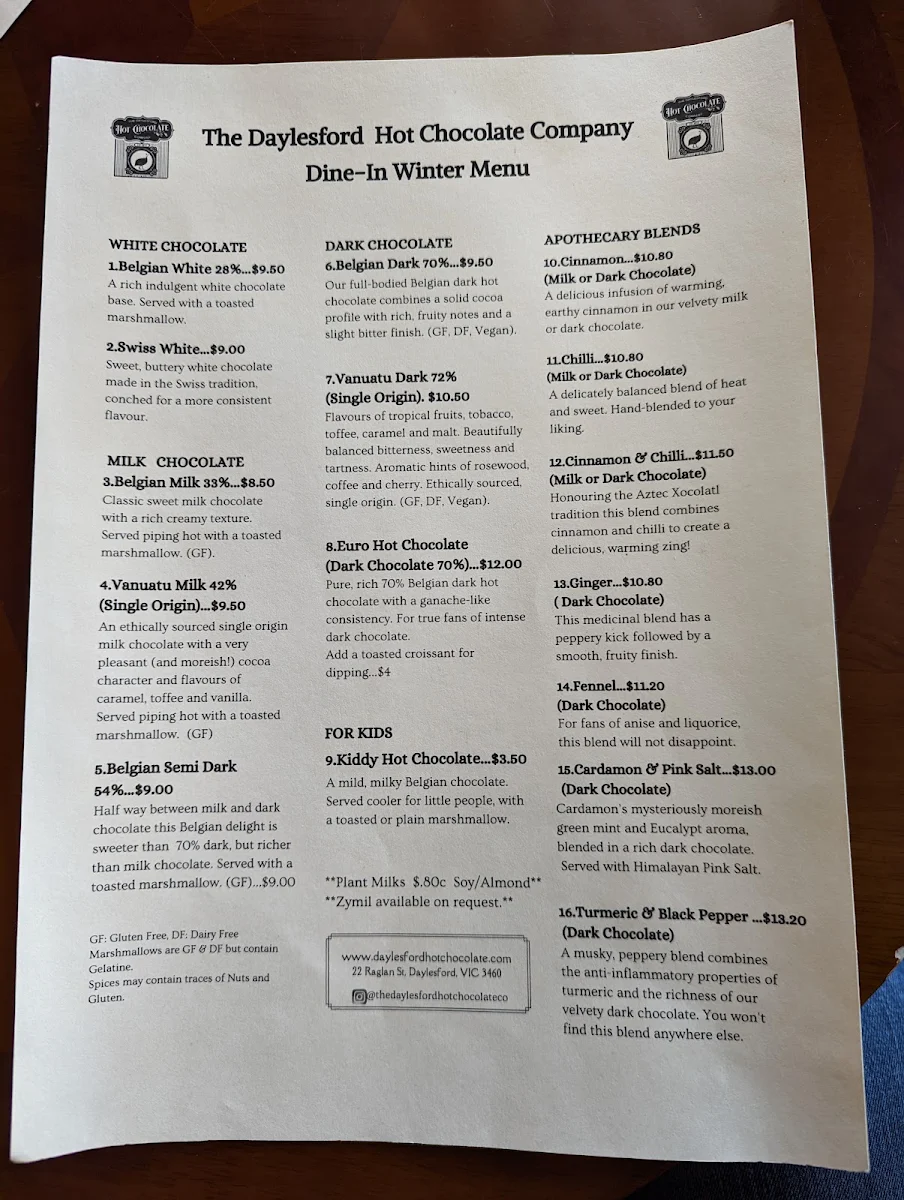 Menu, The Daylesford Hot Chocolate Company