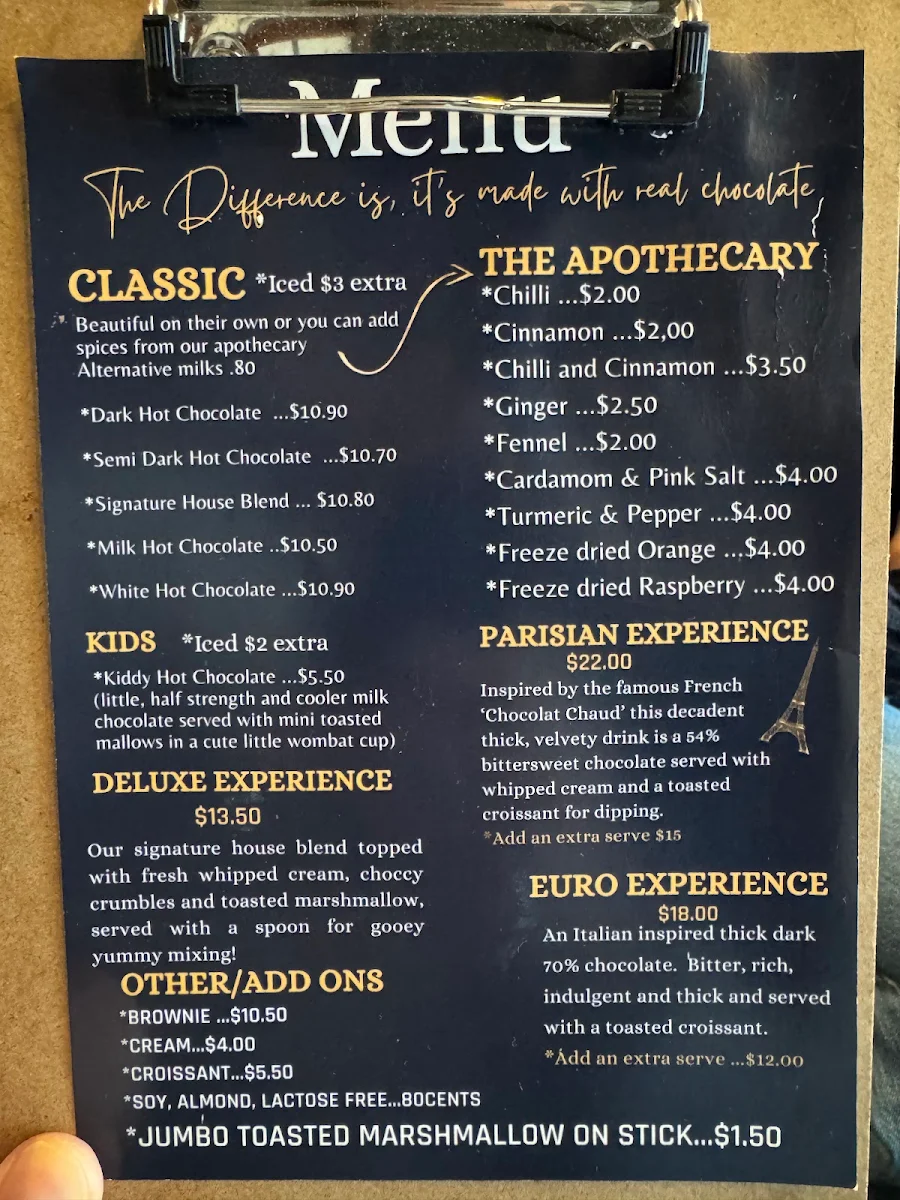 Menu, The Daylesford Hot Chocolate Company