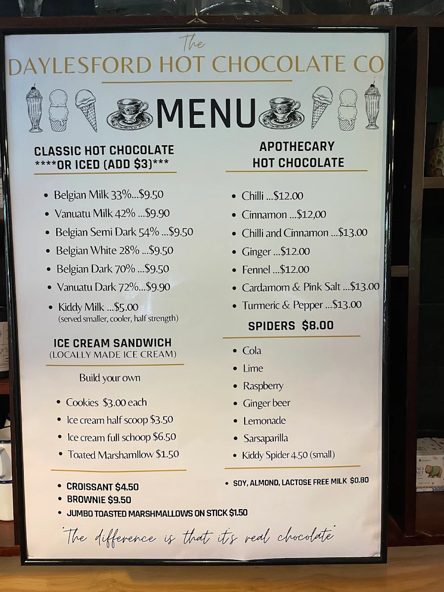 Menu, The Daylesford Hot Chocolate Company