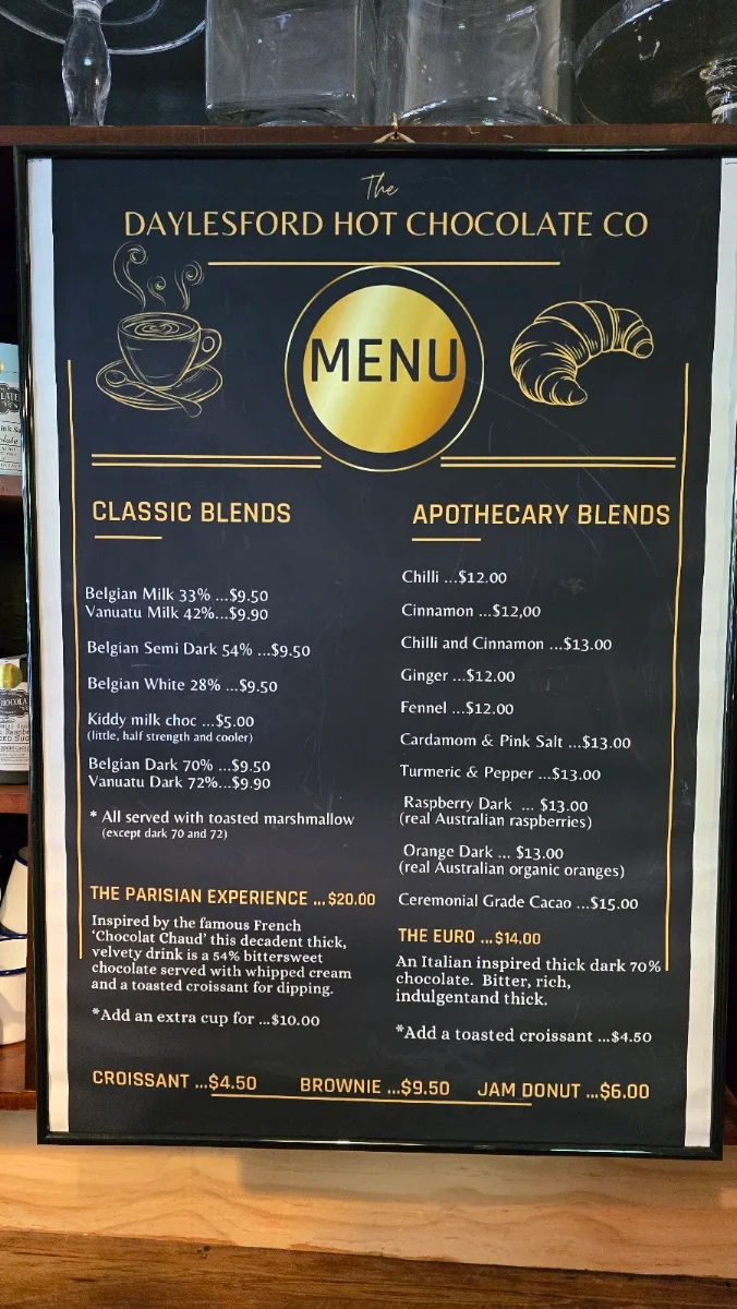 Menu, The Daylesford Hot Chocolate Company
