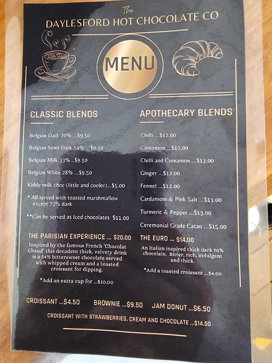 Menu, The Daylesford Hot Chocolate Company