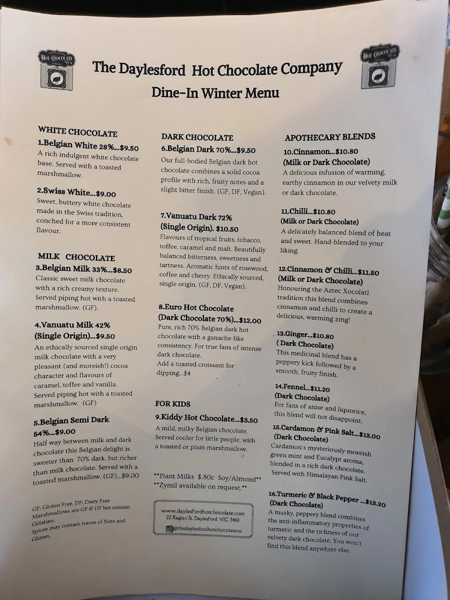 Menu, The Daylesford Hot Chocolate Company