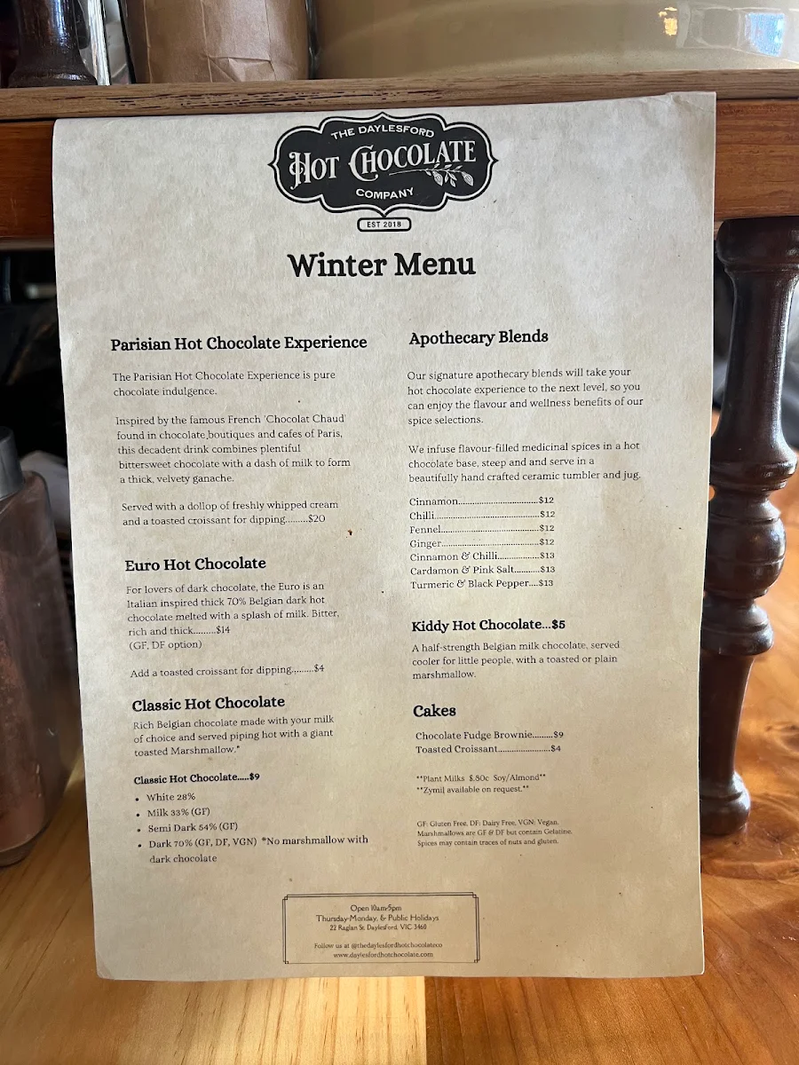 Menu, The Daylesford Hot Chocolate Company