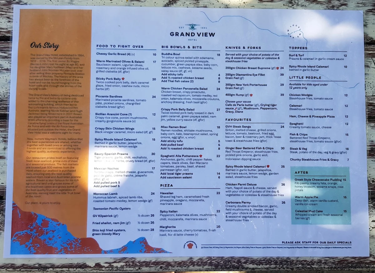 Menu, Grand View Hotel